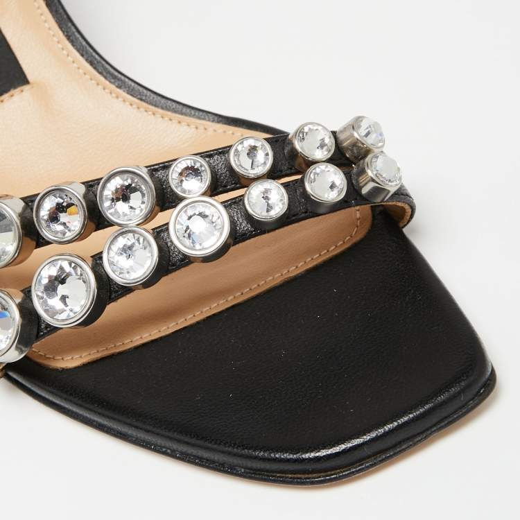 Pre Owned Sergio Rossi Black Leather Crystal Embellished Ankle Strap Sandals Size 38