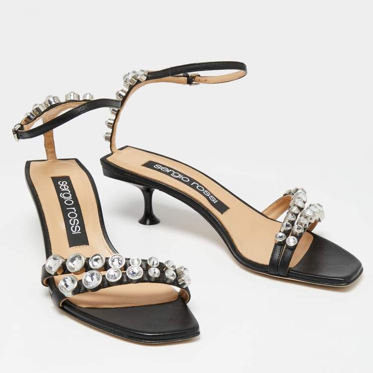Pre Owned Sergio Rossi Black Leather Crystal Embellished Ankle Strap Sandals Size 38