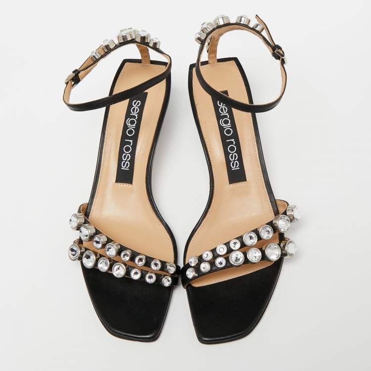 Pre Owned Sergio Rossi Black Leather Crystal Embellished Ankle Strap Sandals Size 38