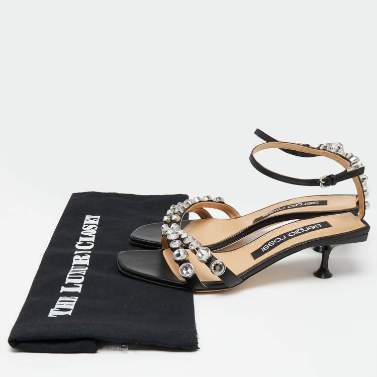 Pre Owned Sergio Rossi Black Leather Crystal Embellished Ankle Strap Sandals Size 38