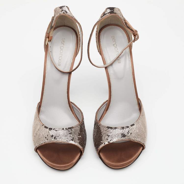 Pre Owned Sergio Rossi Metallic Sequins Ankle Strap Sandals Size 40.5