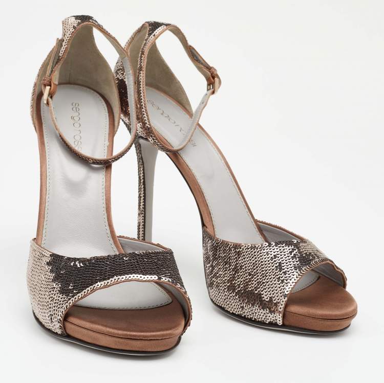 Pre Owned Sergio Rossi Metallic Sequins Ankle Strap Sandals Size 40.5