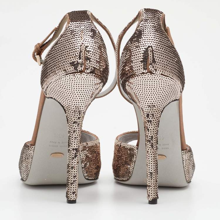 Pre Owned Sergio Rossi Metallic Sequins Ankle Strap Sandals Size 40.5