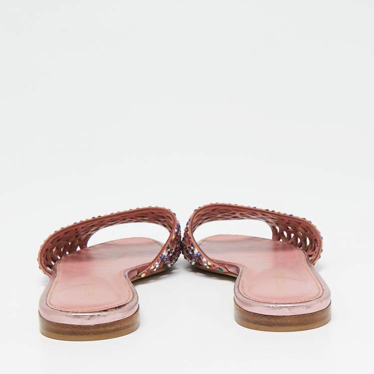 Pre Owned Sergio Rossi Pink Suede And Leather Tresor Crystal Embellished Flat Sandals Size 38