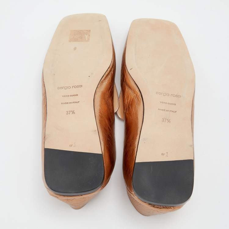 Pre Owned Sergio Rossi Metallic Copper Leather Crystal Embellished Loafers Size 37.5