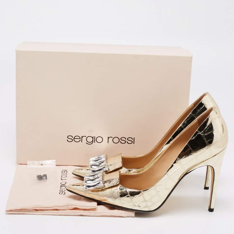 Pre Owned Sergio Rossi Metallic Gold Croc Embossed Crystal Embellished SR1 Pointed Toe Pumps Size 40
