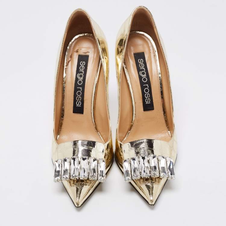 Pre Owned Sergio Rossi Metallic Gold Croc Embossed Crystal Embellished SR1 Pointed Toe Pumps Size 40
