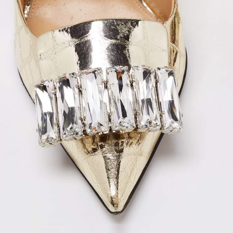 Pre Owned Sergio Rossi Metallic Gold Croc Embossed Crystal Embellished SR1 Pointed Toe Pumps Size 40