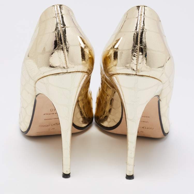 Pre Owned Sergio Rossi Metallic Gold Croc Embossed Crystal Embellished SR1 Pointed Toe Pumps Size 40