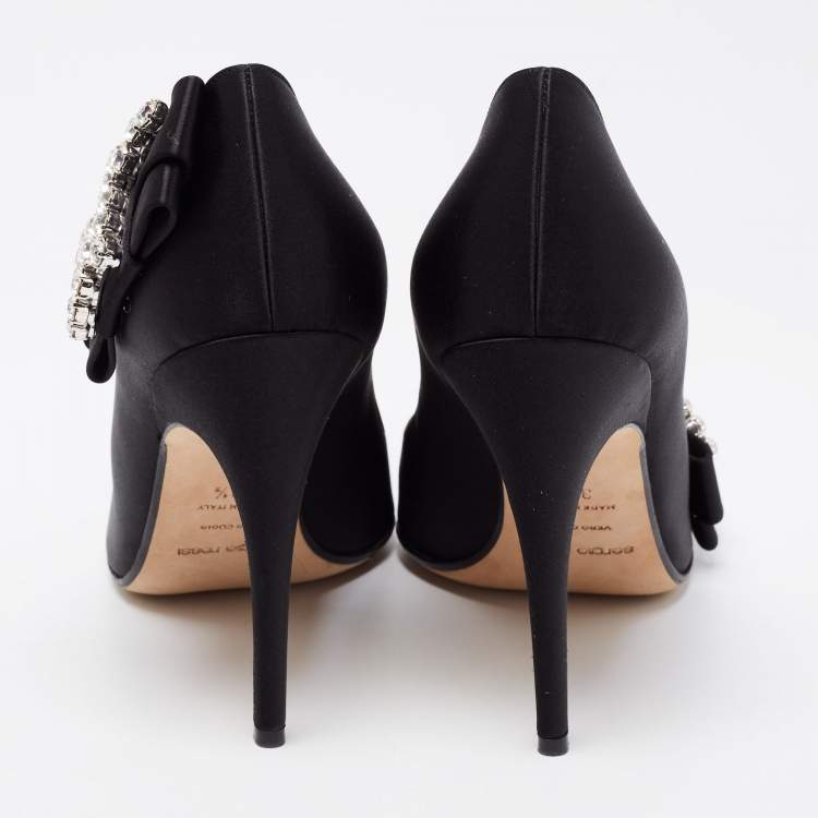 مملوكة مسبقًا Sergio Rossi Black Satin Icona Embellished Pointed Toe Pumps Size 39.5