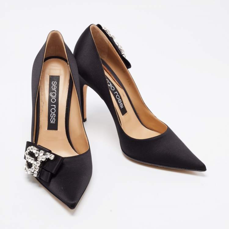 مملوكة مسبقًا Sergio Rossi Black Satin Icona Embellished Pointed Toe Pumps Size 39.5