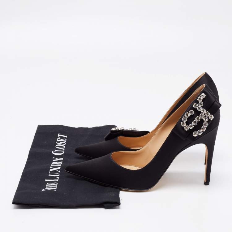 مملوكة مسبقًا Sergio Rossi Black Satin Icona Embellished Pointed Toe Pumps Size 39.5