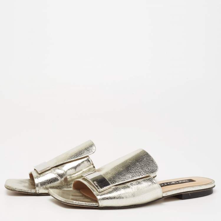 Pre Owned Sergio Rossi Metallic Silver Leather SR1 Flat Slide Sandals Size 38