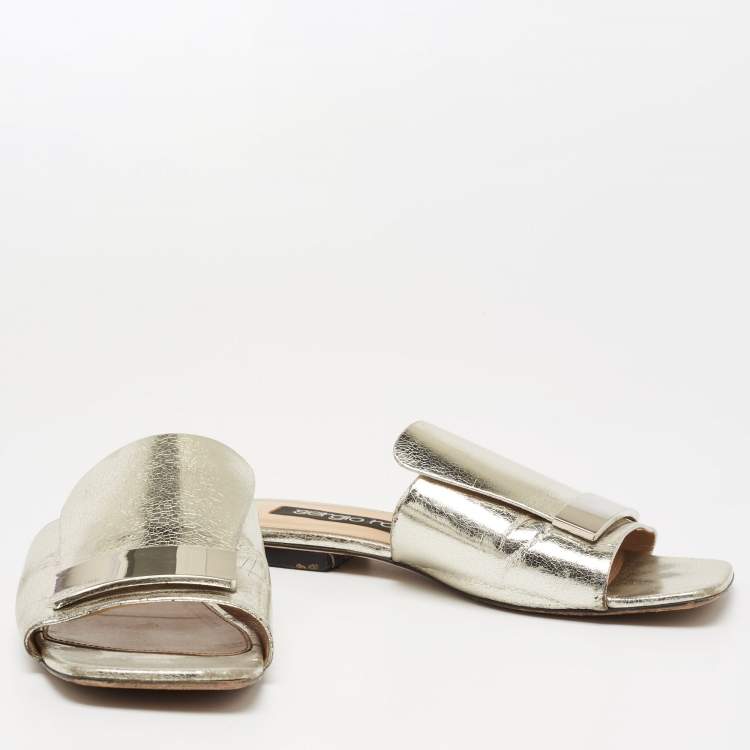 Pre Owned Sergio Rossi Metallic Silver Leather SR1 Flat Slide Sandals Size 38