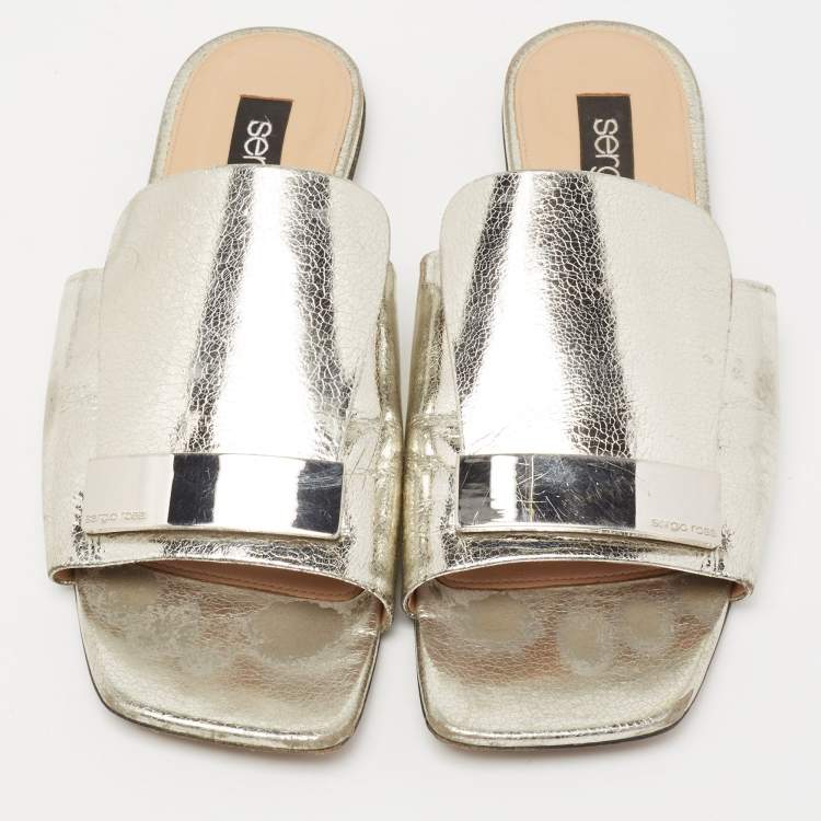 Pre Owned Sergio Rossi Metallic Silver Leather SR1 Flat Slide Sandals Size 38