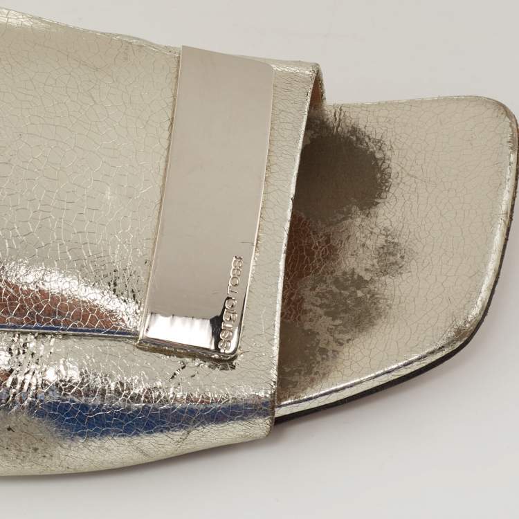 Pre Owned Sergio Rossi Metallic Silver Leather SR1 Flat Slide Sandals Size 38
