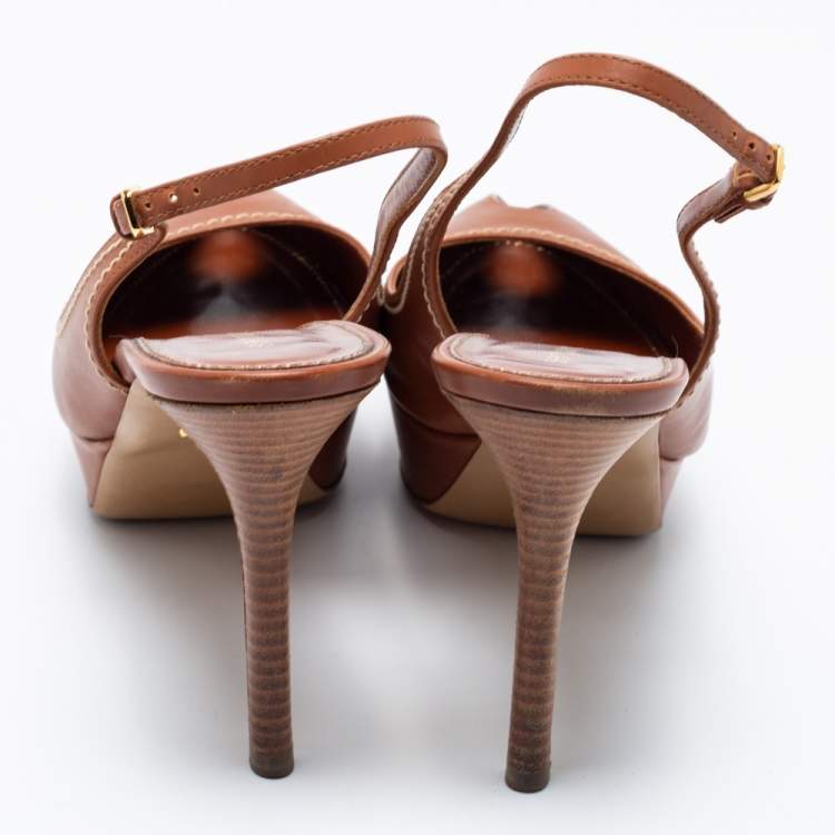 Pre Owned Sergio Rossi Brown Leather Peep Toe Platform Slingback Sandals Size 39.5