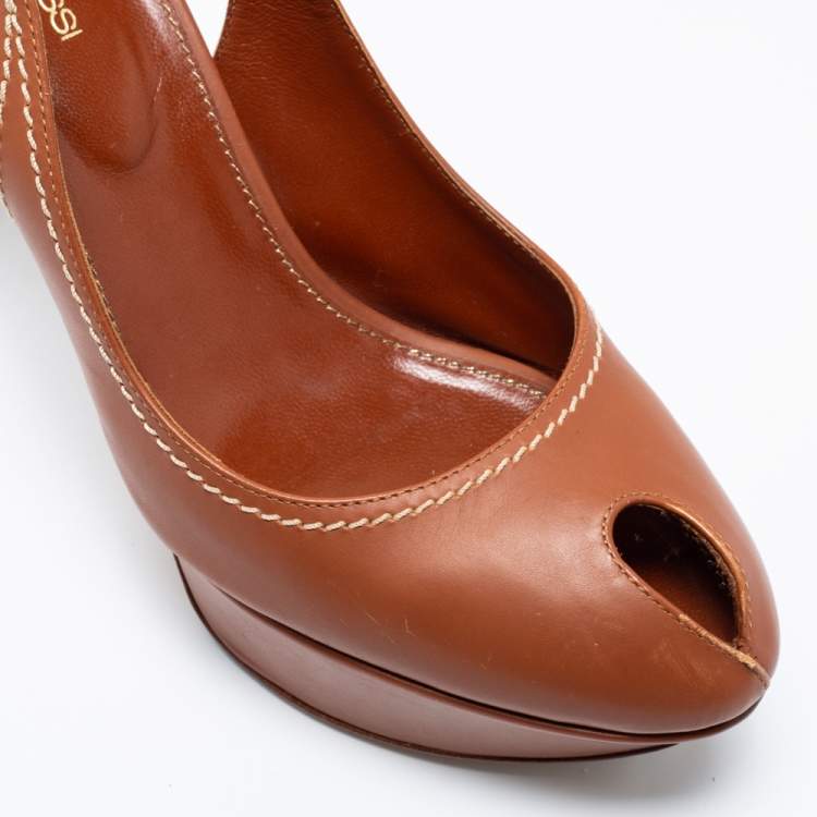 Pre Owned Sergio Rossi Brown Leather Peep Toe Platform Slingback Sandals Size 39.5
