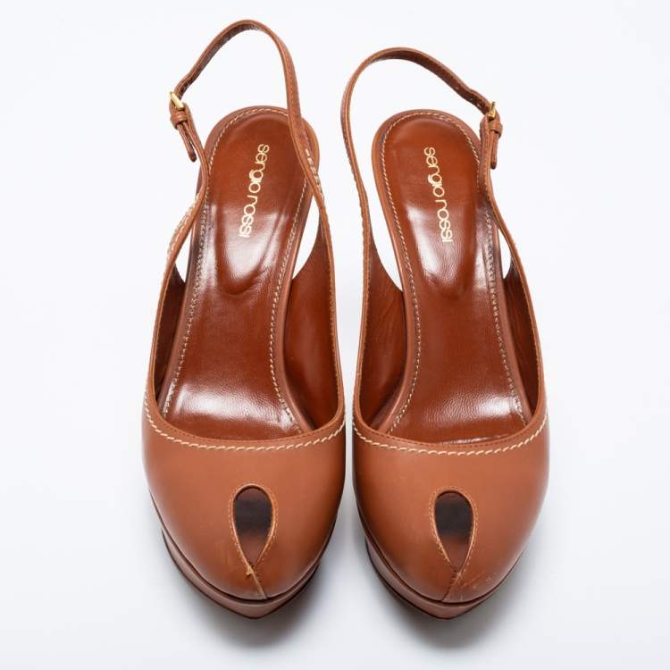 Pre Owned Sergio Rossi Brown Leather Peep Toe Platform Slingback Sandals Size 39.5