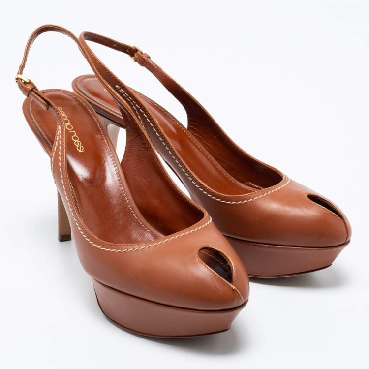 Pre Owned Sergio Rossi Brown Leather Peep Toe Platform Slingback Sandals Size 39.5