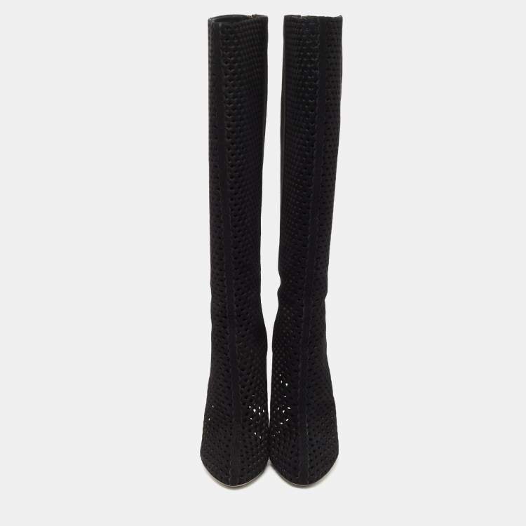 Pre Owned Sergio Rossi Black Suede Cutout Knee Length Boots Size 39