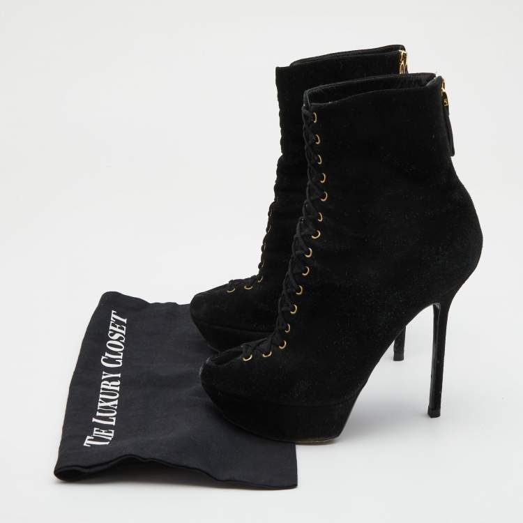 Pre Owned Sergio Rossi Black Suede Lace Up Platform Ankle Boots Size 39