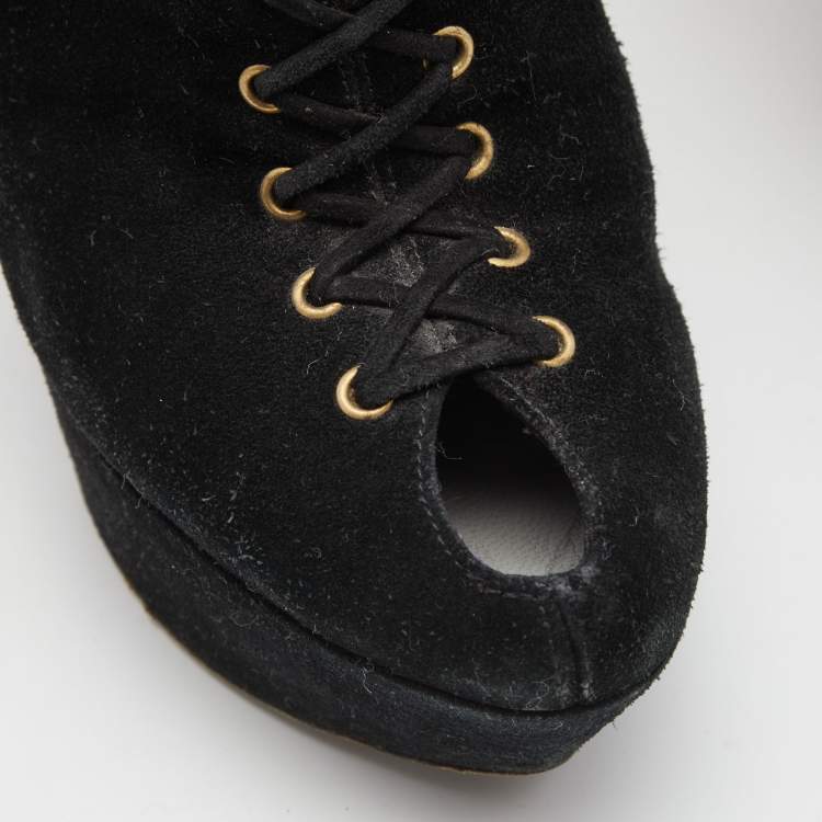Pre Owned Sergio Rossi Black Suede Lace Up Platform Ankle Boots Size 39