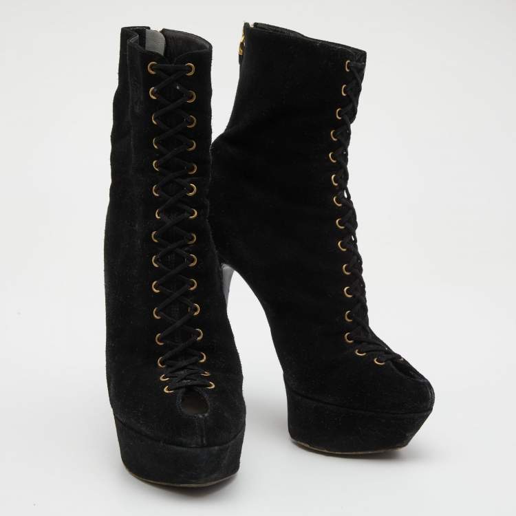 Pre Owned Sergio Rossi Black Suede Lace Up Platform Ankle Boots Size 39