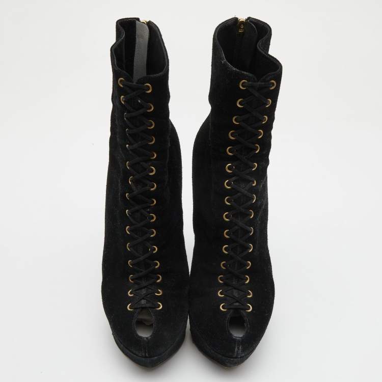 Pre Owned Sergio Rossi Black Suede Lace Up Platform Ankle Boots Size 39