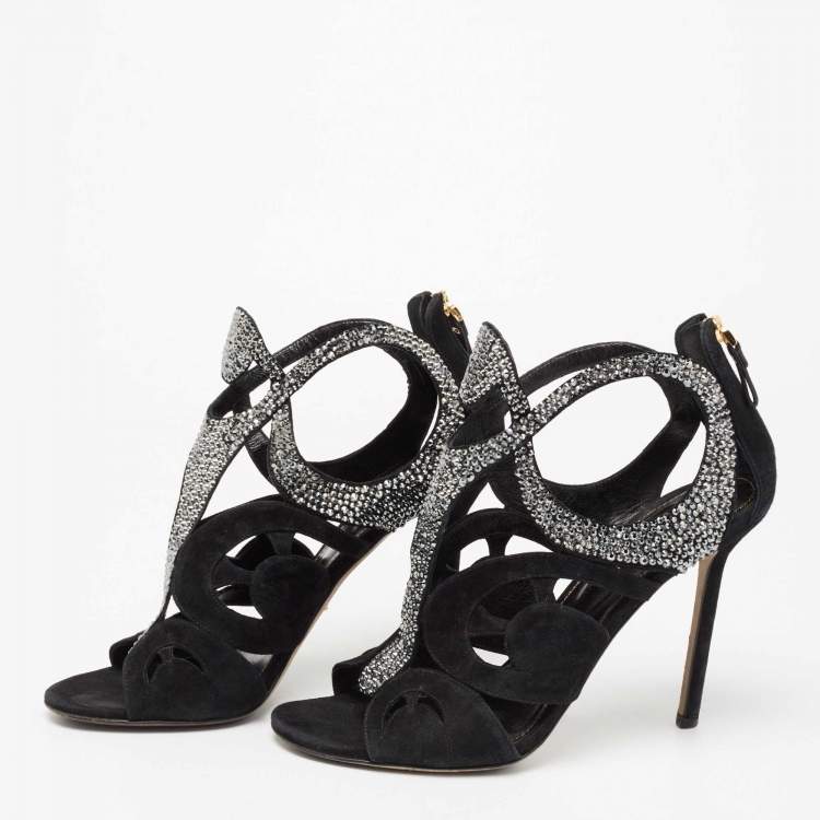 Pre Owned Sergio Rossi Black Suede Crystal Embellished Sandals Size 38.5