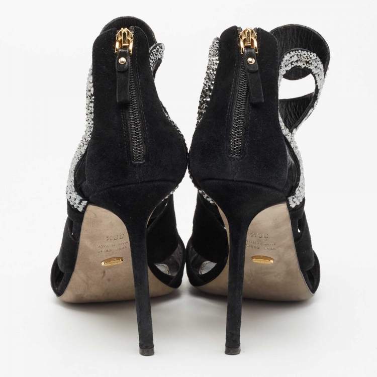 Pre Owned Sergio Rossi Black Suede Crystal Embellished Sandals Size 38.5