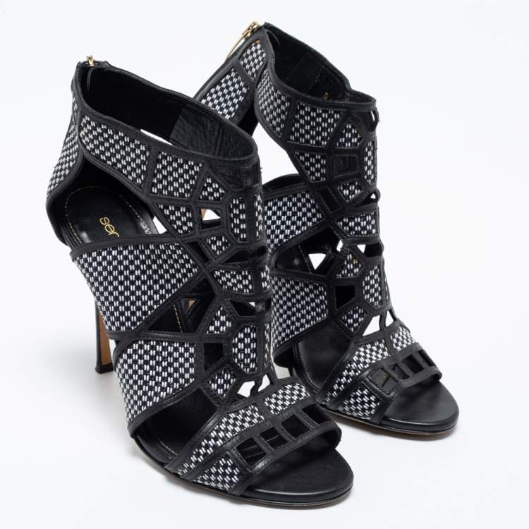 Pre Owned Sergio Rossi Black/White  Woven Straw And Leather Cutout Ankle Boots Size 36