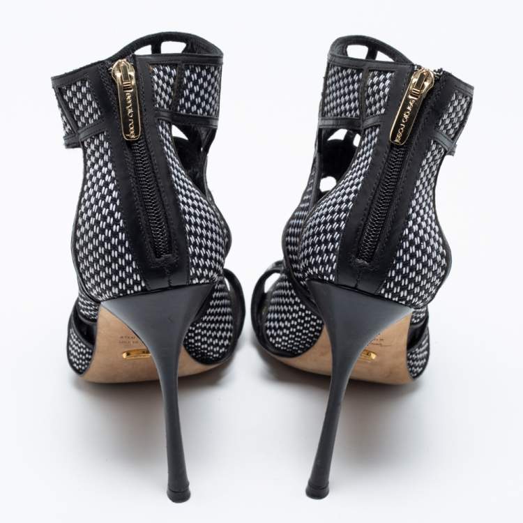 Pre Owned Sergio Rossi Black/White  Woven Straw And Leather Cutout Ankle Boots Size 36