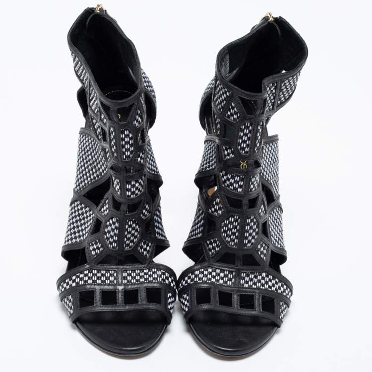 Pre Owned Sergio Rossi Black/White  Woven Straw And Leather Cutout Ankle Boots Size 36