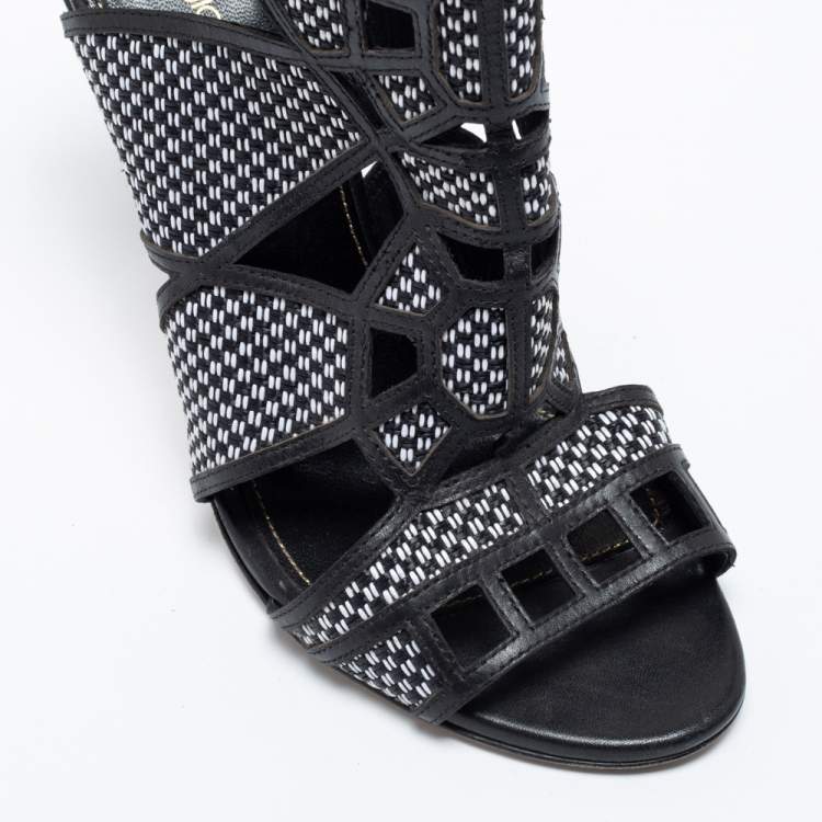 Pre Owned Sergio Rossi Black/White  Woven Straw And Leather Cutout Ankle Boots Size 36
