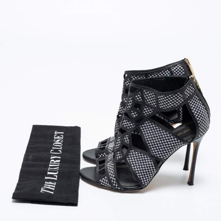 Pre Owned Sergio Rossi Black/White  Woven Straw And Leather Cutout Ankle Boots Size 36