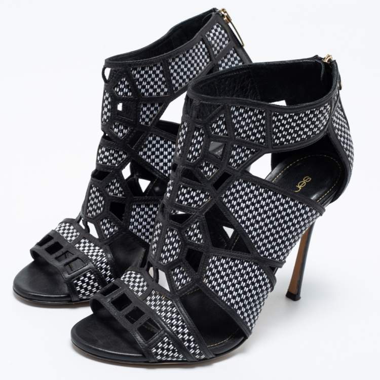 Pre Owned Sergio Rossi Black/White  Woven Straw And Leather Cutout Ankle Boots Size 36