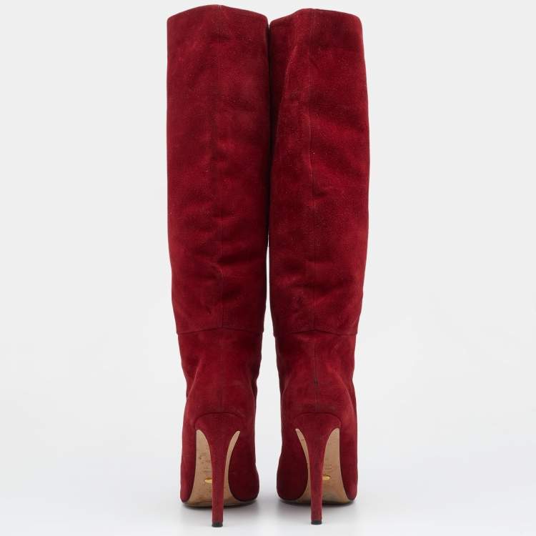 Pre Owned Sergio Rossi Red Suede Knee Length Boots Size 39