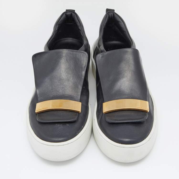 Pre Owned Sergio Rossi Black/Gold Leather Metal logo Plate Leather Addict Sneakers Size 41