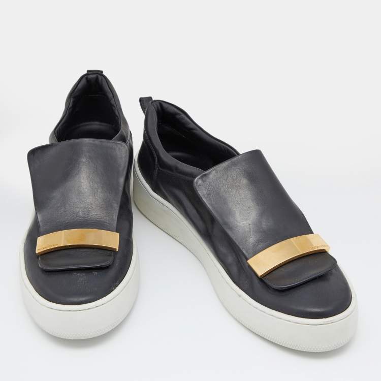Pre Owned Sergio Rossi Black/Gold Leather Metal logo Plate Leather Addict Sneakers Size 41