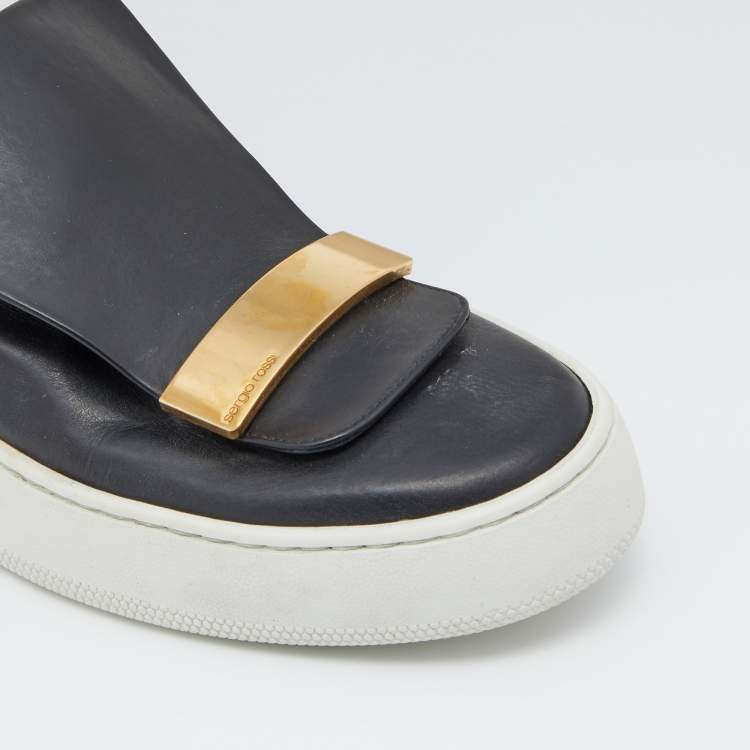 Pre Owned Sergio Rossi Black/Gold Leather Metal logo Plate Leather Addict Sneakers Size 41