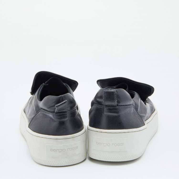 Pre Owned Sergio Rossi Black/Gold Leather Metal logo Plate Leather Addict Sneakers Size 41