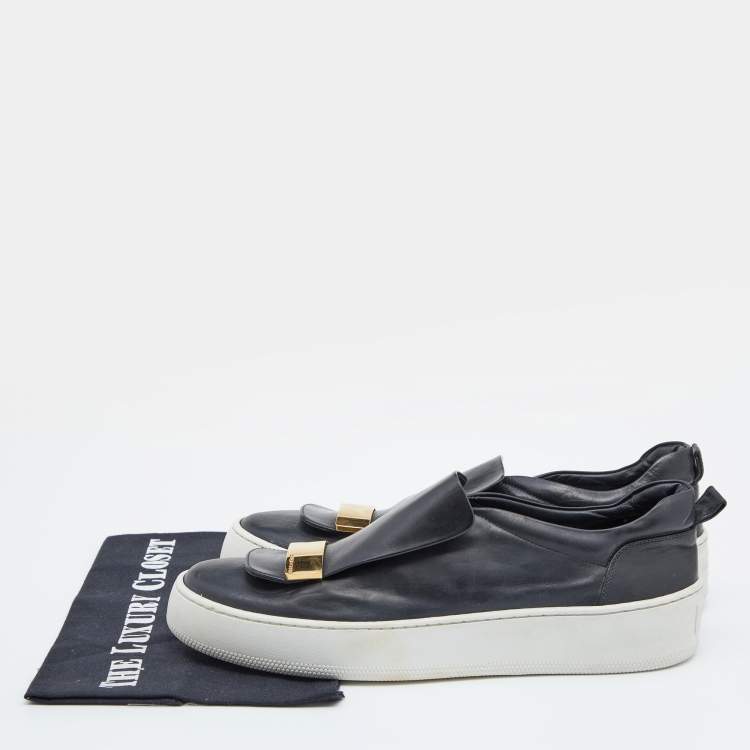 Pre Owned Sergio Rossi Black/Gold Leather Metal logo Plate Leather Addict Sneakers Size 41