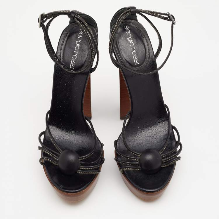 Pre Owned Sergio Rossi Black Leather Ankle Strap Platform Sandals Size 35.5
