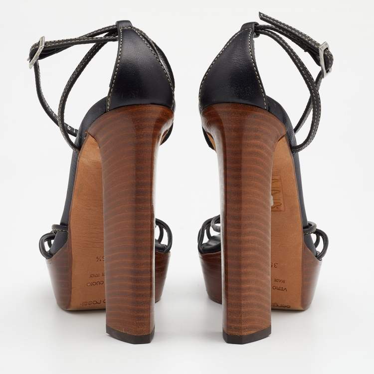 Pre Owned Sergio Rossi Black Leather Ankle Strap Platform Sandals Size 35.5