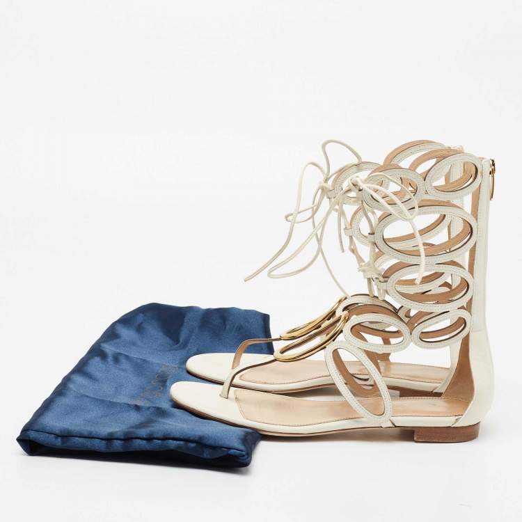 Pre Owned Sergio Rossi Cream Leather Oval Cutout Gladiator Sandals Size 38