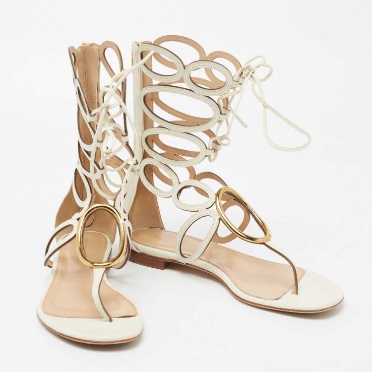 Pre Owned Sergio Rossi Cream Leather Oval Cutout Gladiator Sandals Size 38