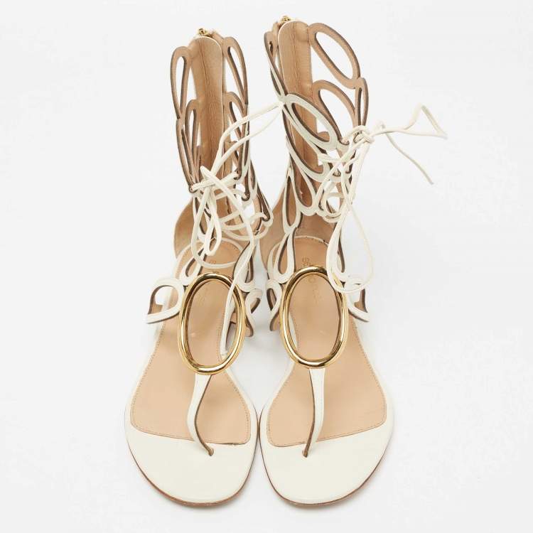 Pre Owned Sergio Rossi Cream Leather Oval Cutout Gladiator Sandals Size 38