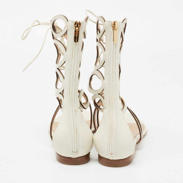 Pre Owned Sergio Rossi Cream Leather Oval Cutout Gladiator Sandals Size 38