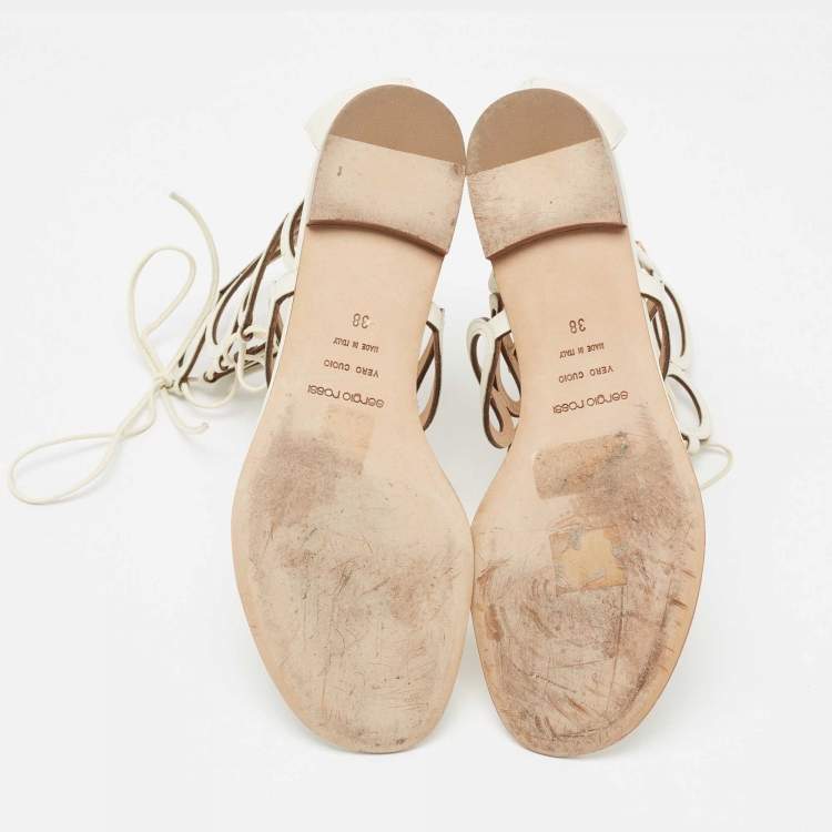 Pre Owned Sergio Rossi Cream Leather Oval Cutout Gladiator Sandals Size 38